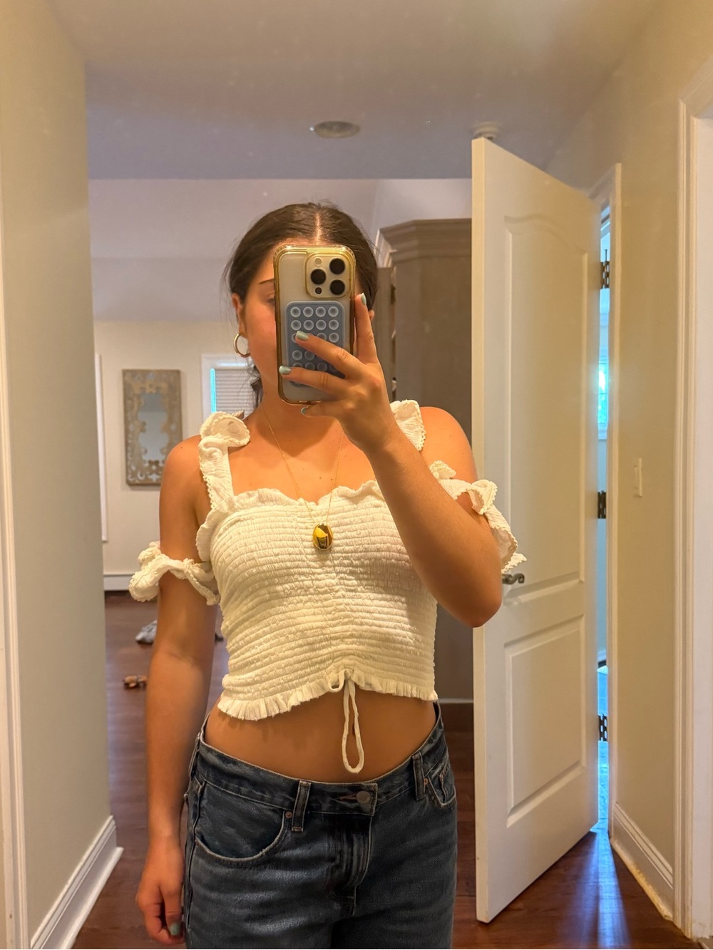Surf Gypsy White Smocked Ruffle Tie Crop Top